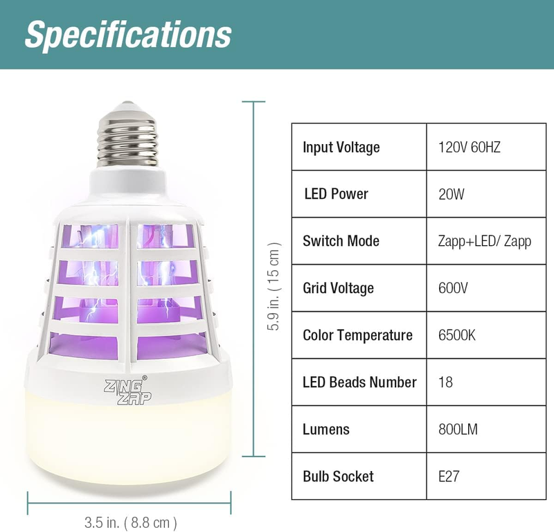 Zingzap Dual-Function Mosquito Zapper Bulb Bug Zapper LED Light Bulb, Three Ligh