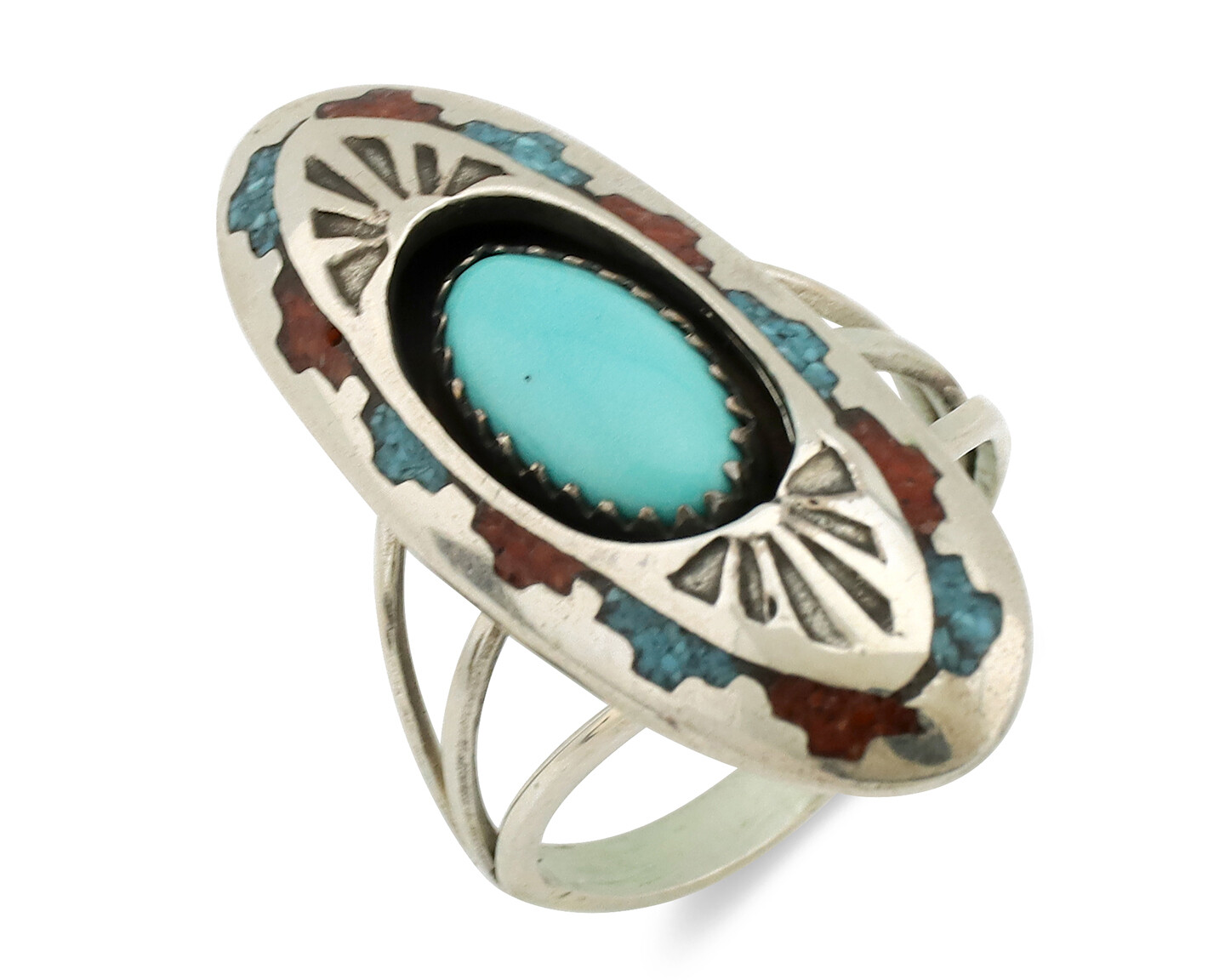 Navajo Ring 925 Silver Turquoise & Coral Signed Circle JW C Navajo Ring 925 Silver Turquoise & Coral Signed Circle JW C