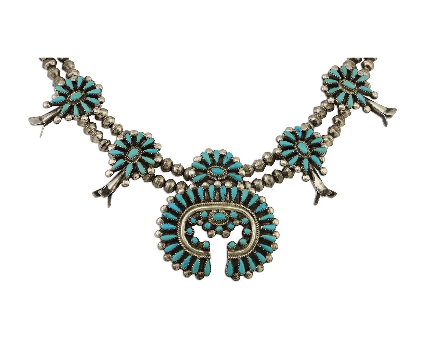 Zuni Squash Necklace 925 Silver Turquoise Signed J Wallace C