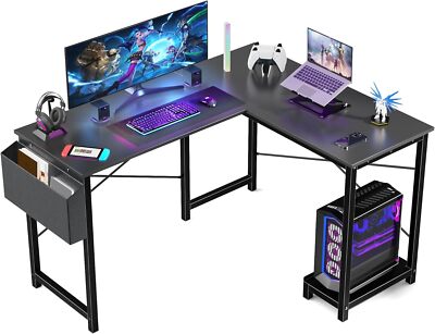 L Shaped Computer Desk Wood Corner PC Gaming Table with Side Storage Bag ,Black