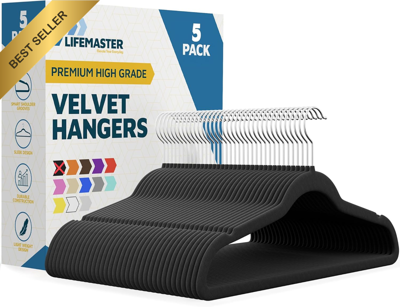 Black Velvet Hangers 5 Pack Heavy Duty Non-Slip 360° Swivel Hook Suit Dress Coat