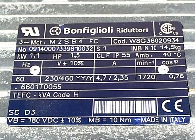 NEW BONFIGLIOLI MOTOR WORM GEAR REDUCER M2SB4 FD WME52I0450021 NEW OPEN BOX