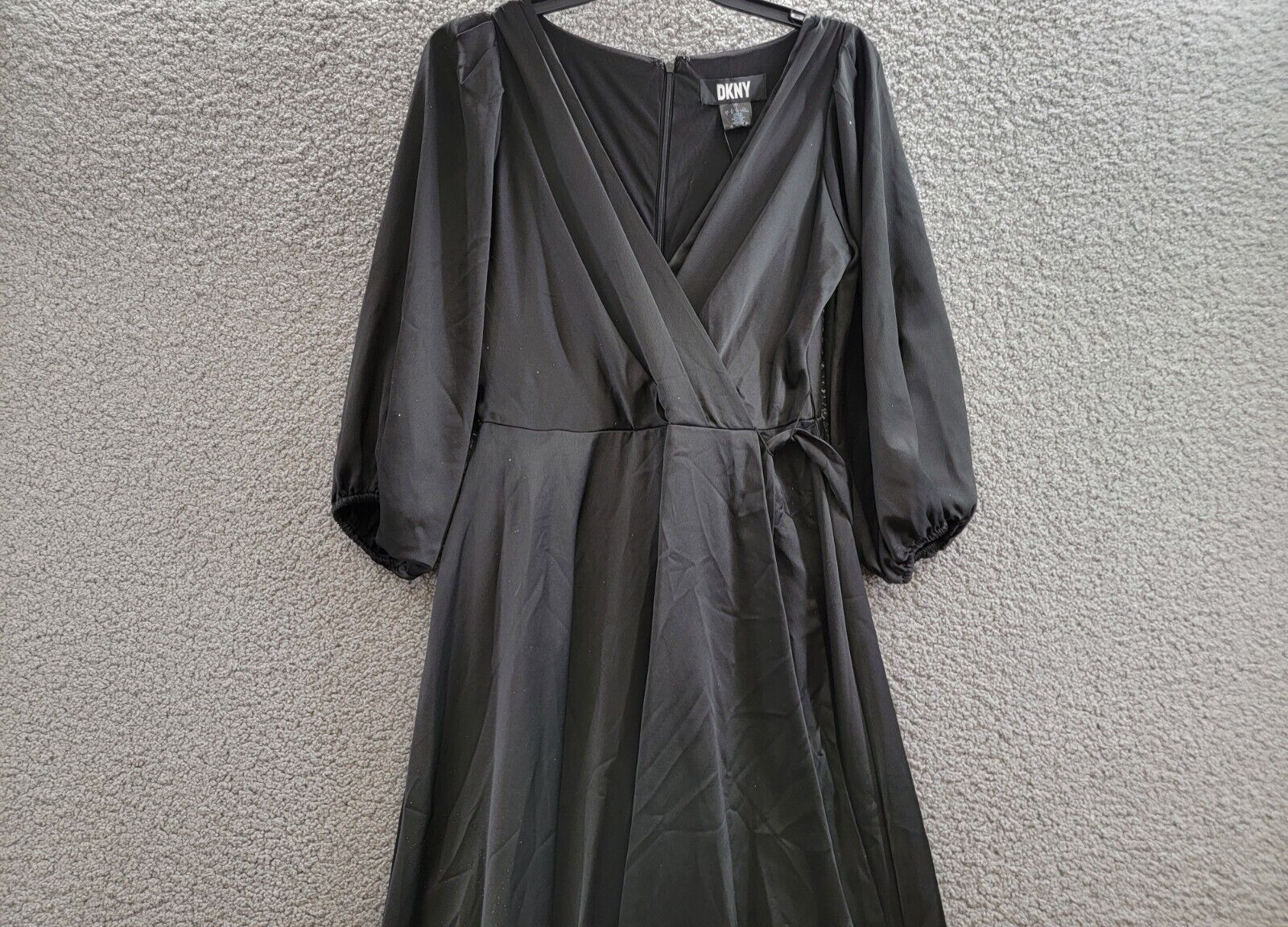 DKNY Balloon-Sleeve Faux-Wrap Gown Women's 4 Black Surplice Neck Tie Waist - Picture 3 of 17