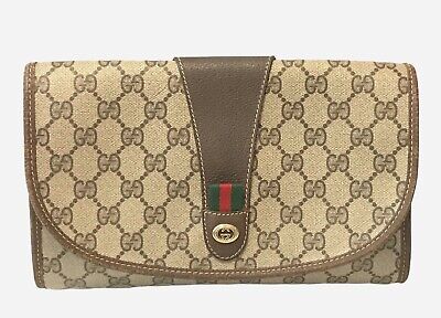 Vintage Gucci Accessories Collection Brown Monogram Sherry Flap Clutch Handbag