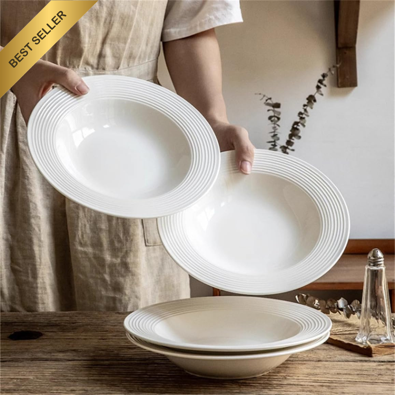 Wide Rim Ceramic Soup Bowl Pasta Plates with Rim ， Soup Bowl Pasta Bowl Set of 4