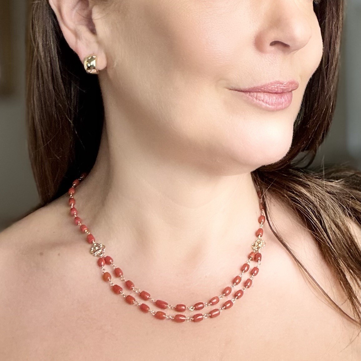 14k Yellow Gold Mediterranean Red Coral Handcrafted Necklace, 18.25-19.75