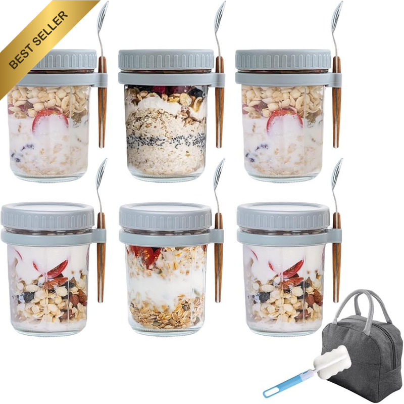 6PK 10oz Glass Overnight Oats Jar w/ Lid, Spoon & Marks