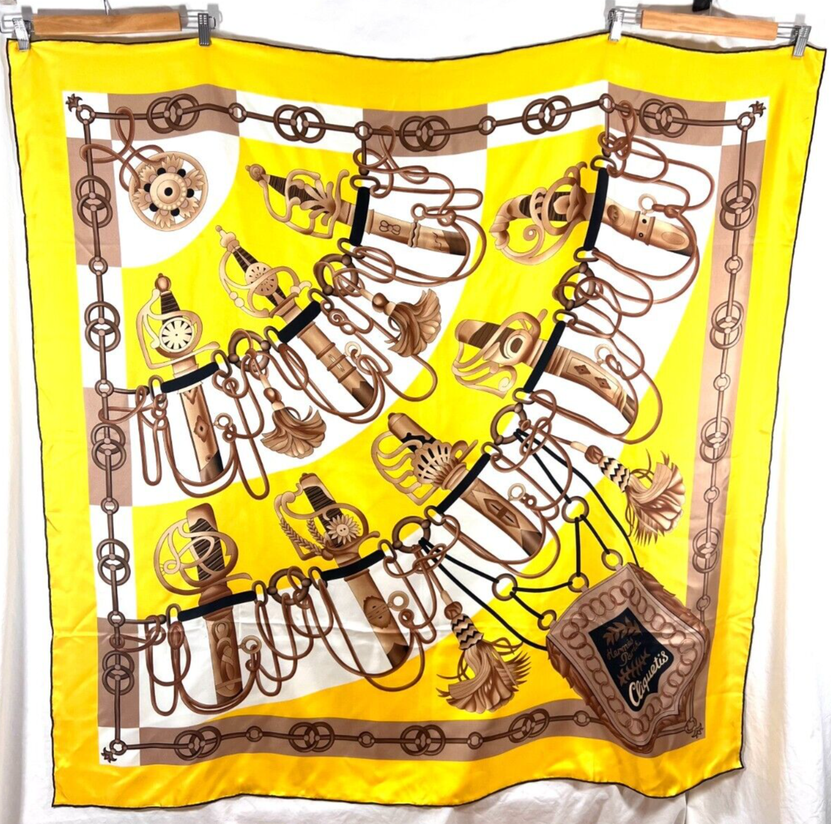 HERMES Cliquetis Yellow 100% Silk With Swords Pattern Scarf HERMES Cliquetis Yellow 100% Silk With Swords Pattern Scarf