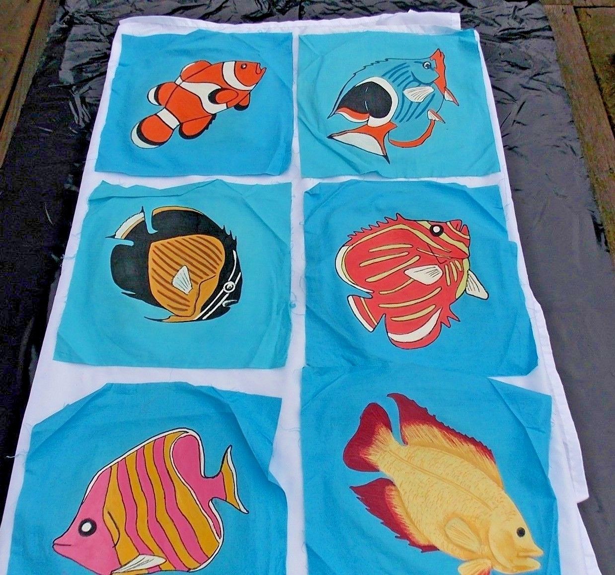 VTG LOT 23 HAND PAINTED TROPICAL FISH COTTON FABRIC SQUARES QUILT CRAFT
