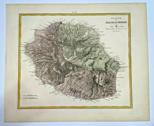 REUNION ISLAND INDIAN OCEAN 1880 ABEL PILON LARGE ANTIQUE MAP 19TH CENTURY