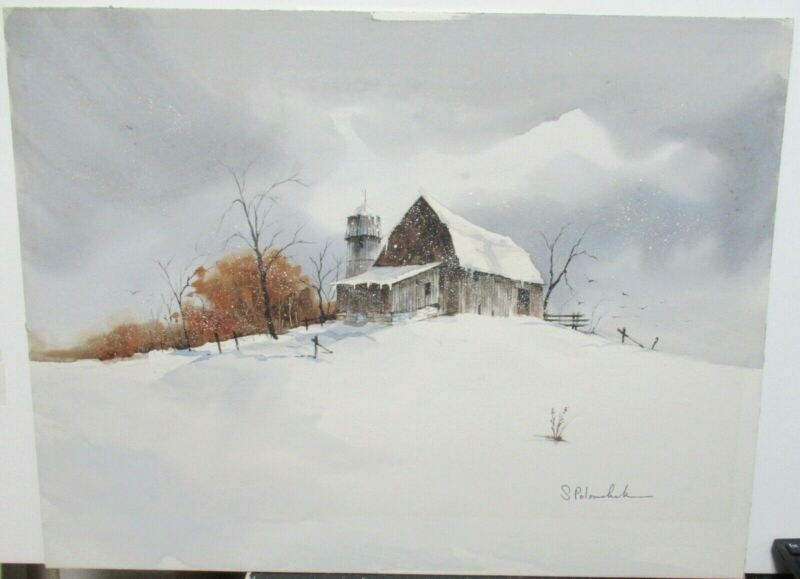 Steve Polomchak Snow Barn Original Watercolor Amish Landscape Painting