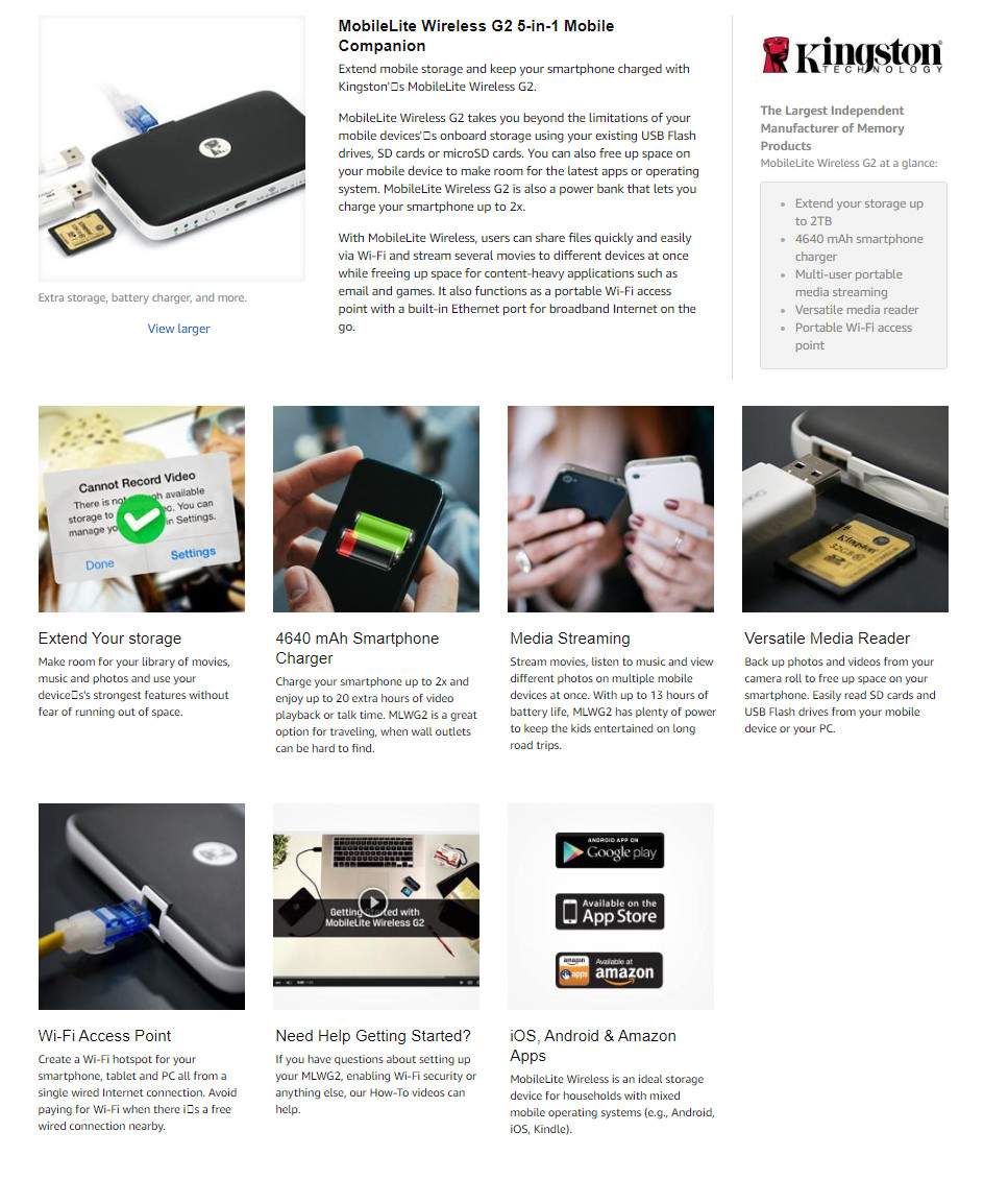 Kingston MobileLite Wireless MLWG2 WiFi AP, USB/Card Reader, 4640 mAh battery