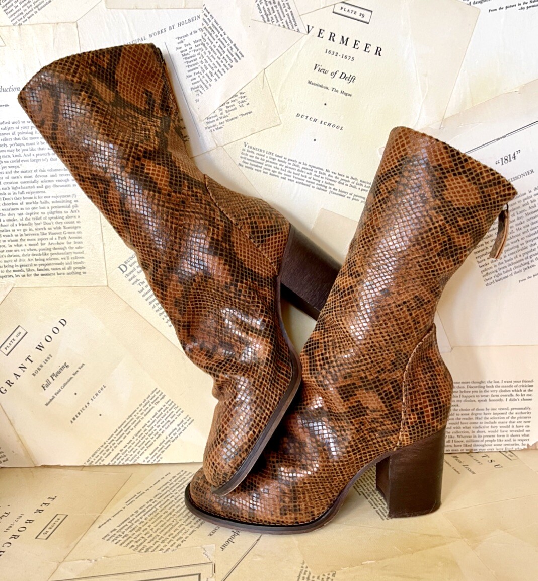 

Сапоги Free People Elle на блочном каблуке с напуском, черные, коричневые, из змеиной кожи 40 9,5/10 НОВИНКА, Black brown, Elle Block Heel Boot