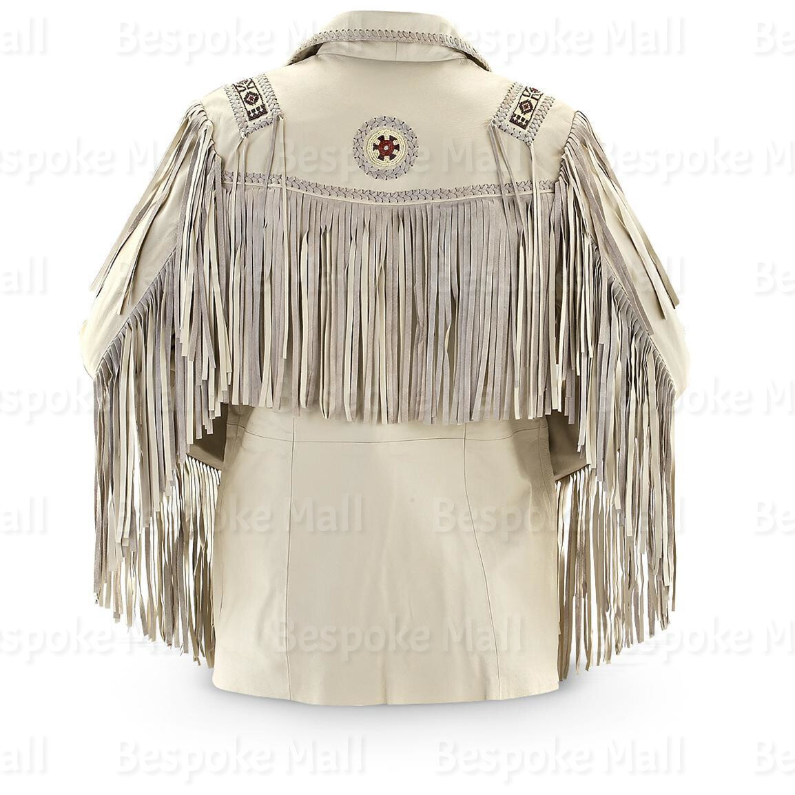 Pre-owned Handmade Men's Western Style Native  White Cowboy Leather Jacket Fringes-574