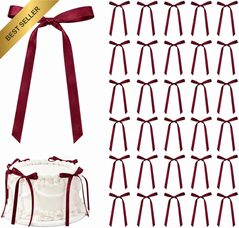 Burgundy Red Ribbon Bow Cake Toppers, 30 Pack, Coquette Style, for Birthday, Wed