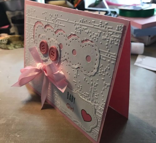 Baby Card pink & White Double Satin Bow Buttons Celebrate Birth Shower Handmade