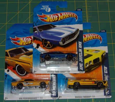 Lot of 3 - 2011 Hot Wheels - AMC Javelin AMX, 68 Mercury Cougar, 70 Pontiac GTO