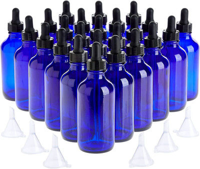 30Pcs Set, 24 Count 4Oz 120Ml Blue Glass Dropper Bottles and 6 Funnels for Essen