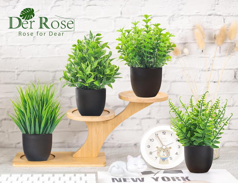Fake Plants 4 Packs Artificial Plants Small Faux Plants in Black Pot for Bathroo