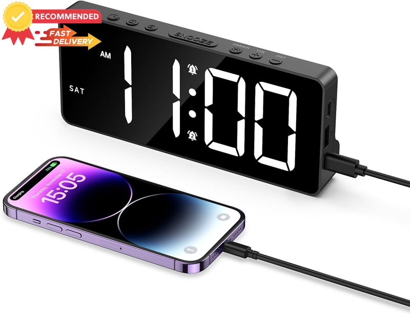 LED Digital Alarm Clock, USB/Battery, 4 Alarms, 12/24H, Brightness, Night Mode