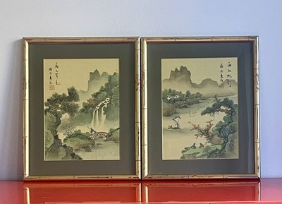 Antique Asian Watercolor Painting Pair Silk Vintage Fine Art Landscape Unique