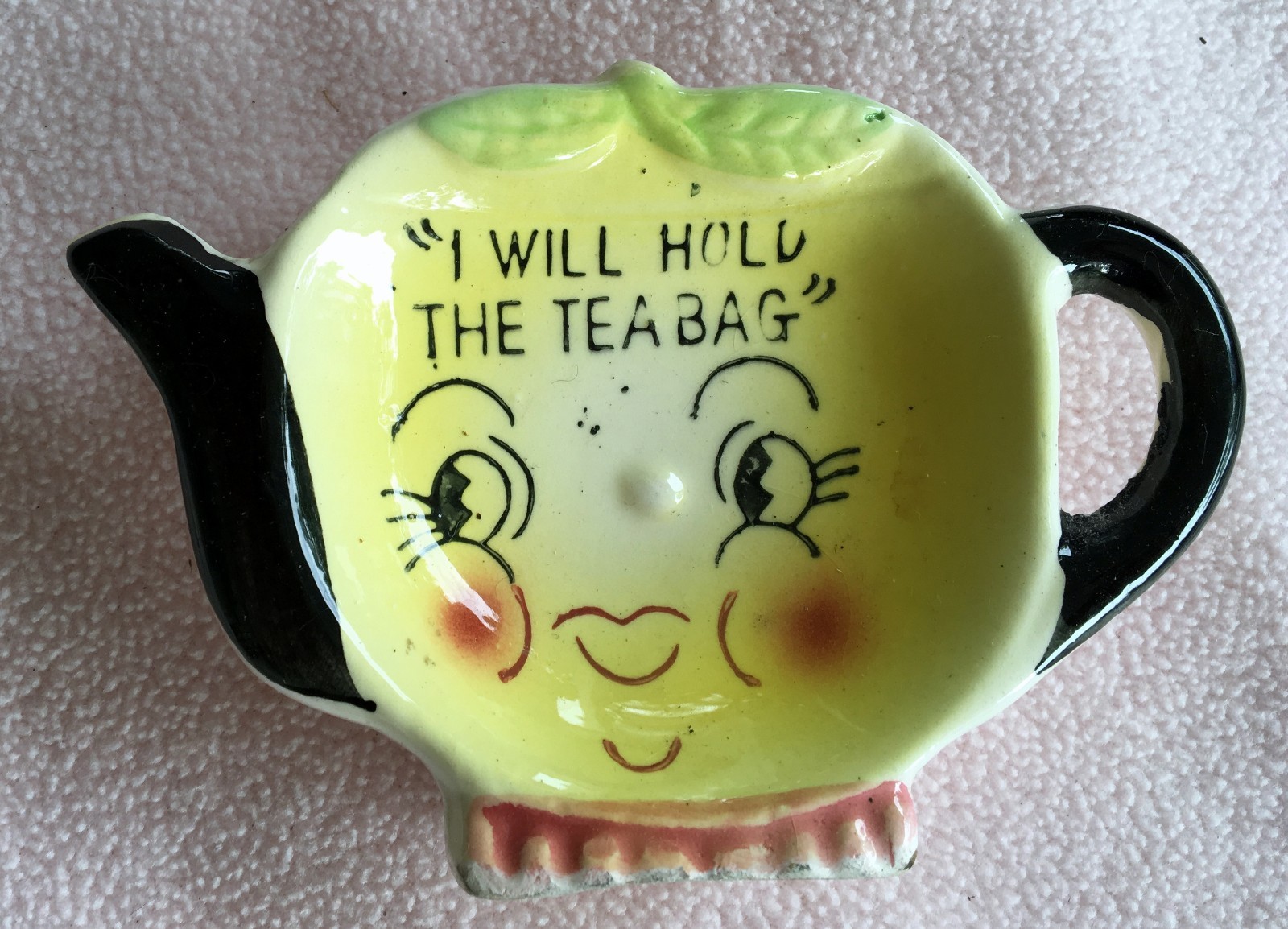 Vintage Napco Japan Ceramic Tea Bag Holder I WILL HOLD THE BAG~Delightful Duo