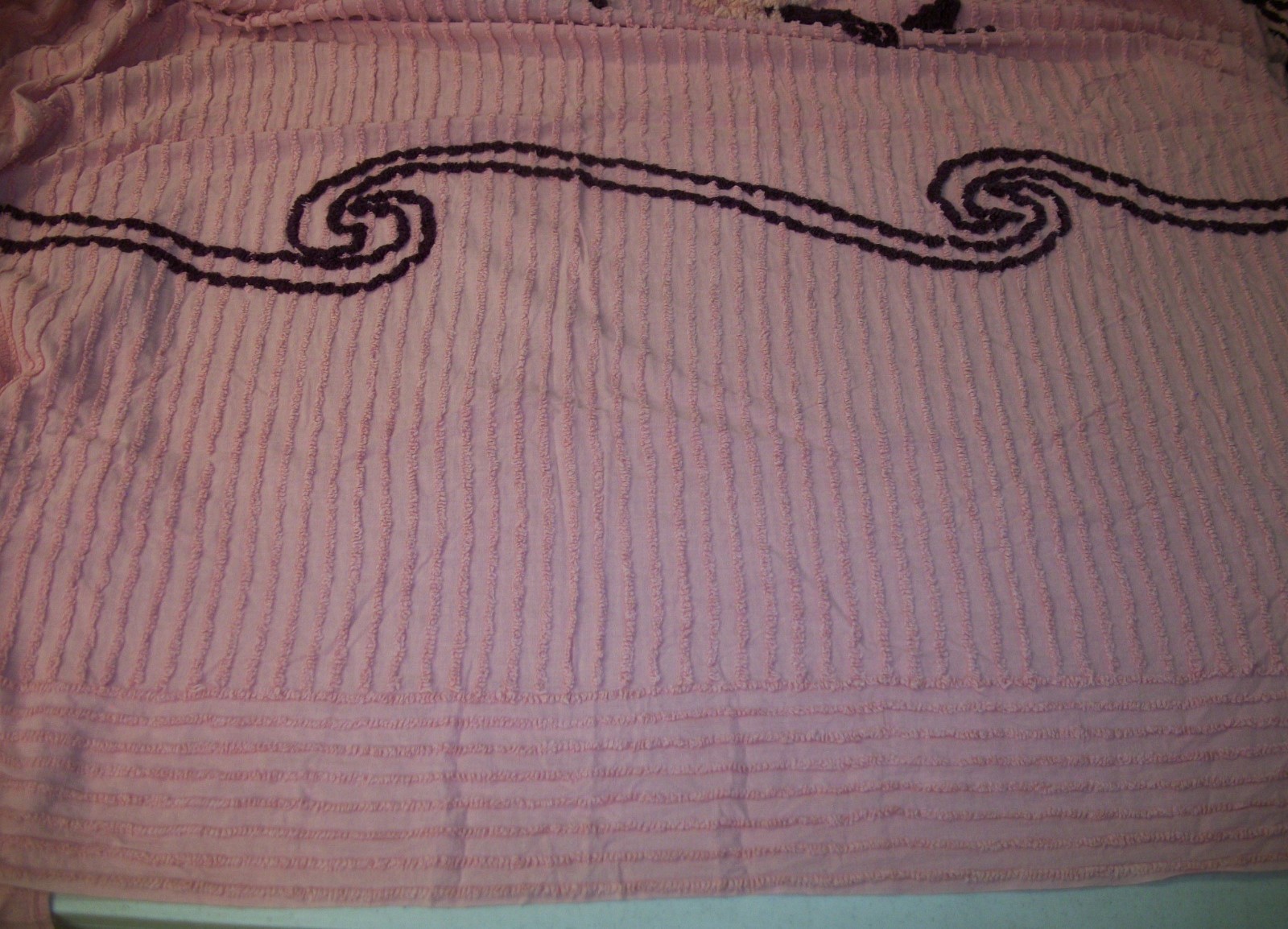 Vintage Pink Flower Basket Chenille Bedspread 106x90 Full Queen Burgundy Blue
