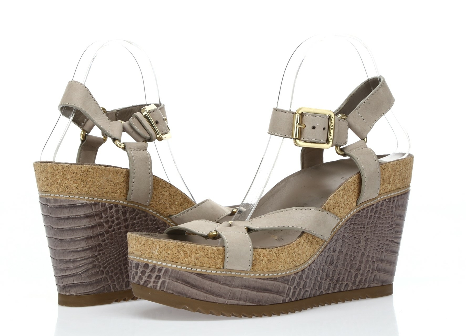 Womens TORY BURCH Taupe Leather Wedge Ankle Strap Sandals Sz. 9.5 M