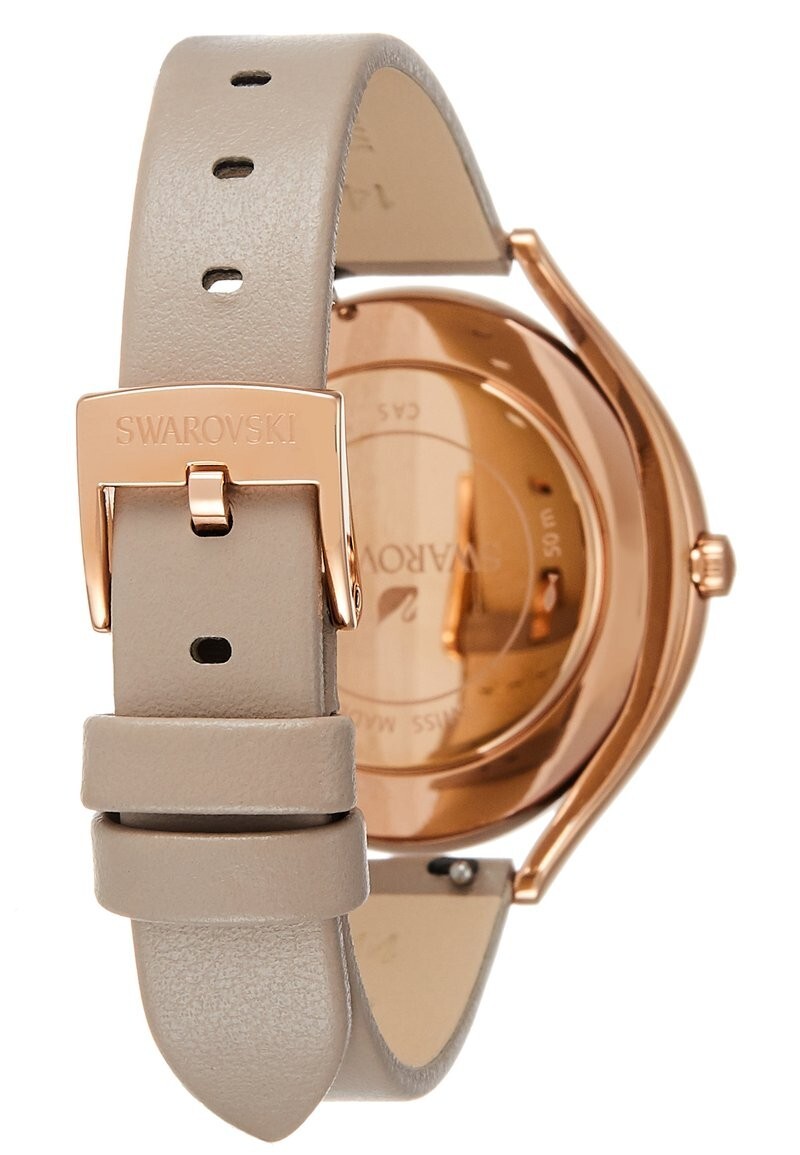 Pre-owned Swarovski Crystalline Aura Watch , Leather Strap, Gray, Rose Gold-tone 5519450