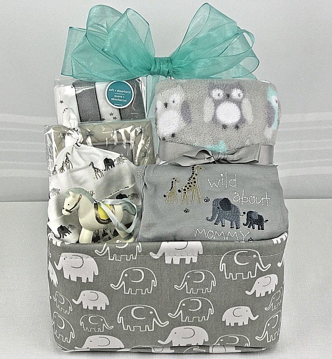 Deluxe Baby Shower Gift Basket:Custom Ornament Elephants Owls Gray/ Blue Blanket