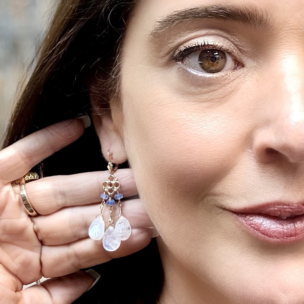 14k Yellow Gold Genuine Rainbow Moonstone and Sapphire Chandelier Earrings, - Picture 2 of 11