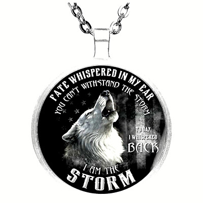 WOLF WORDS STORM STRONG Large Round Ring Shape Pendant Charm Silver 20'' Necklace