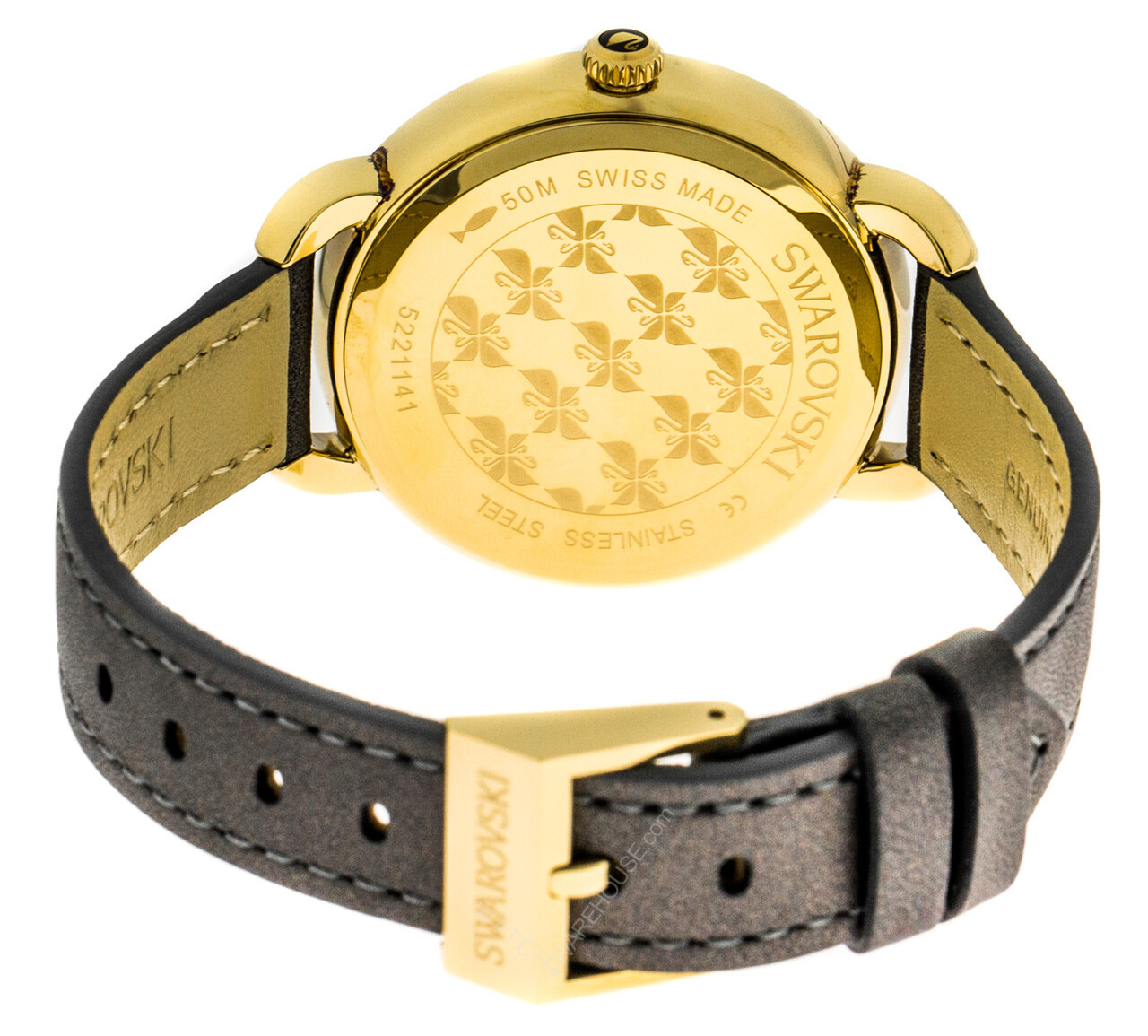 SWAROVSKI AILA 37MM YELLOW GOLD-TONE GRAY LEATHER STRAP