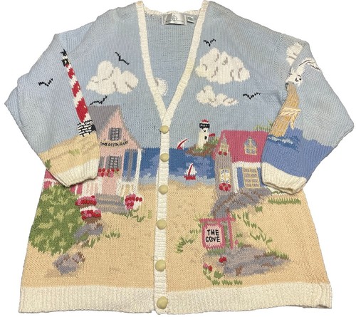 VINTAGE Design Options Sweater Womans XL Beach Lighthouse
