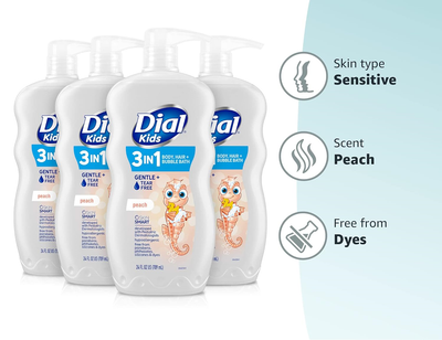 Dial Kids 3-in-1 Body + Hair + Bubble Bath, Peach, 24 fl oz Pack of 4