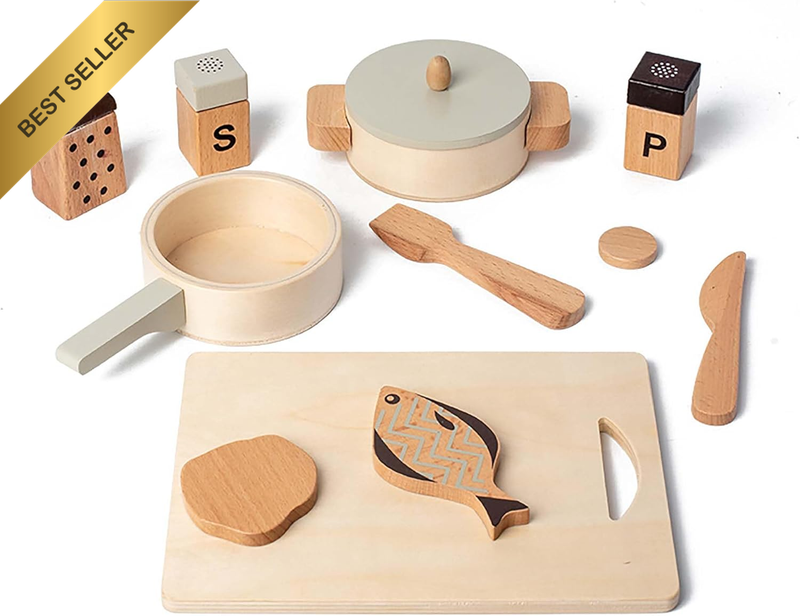 Wooden Kitchen Toys Montessori Pretend Play Pots Pans Utensils Set