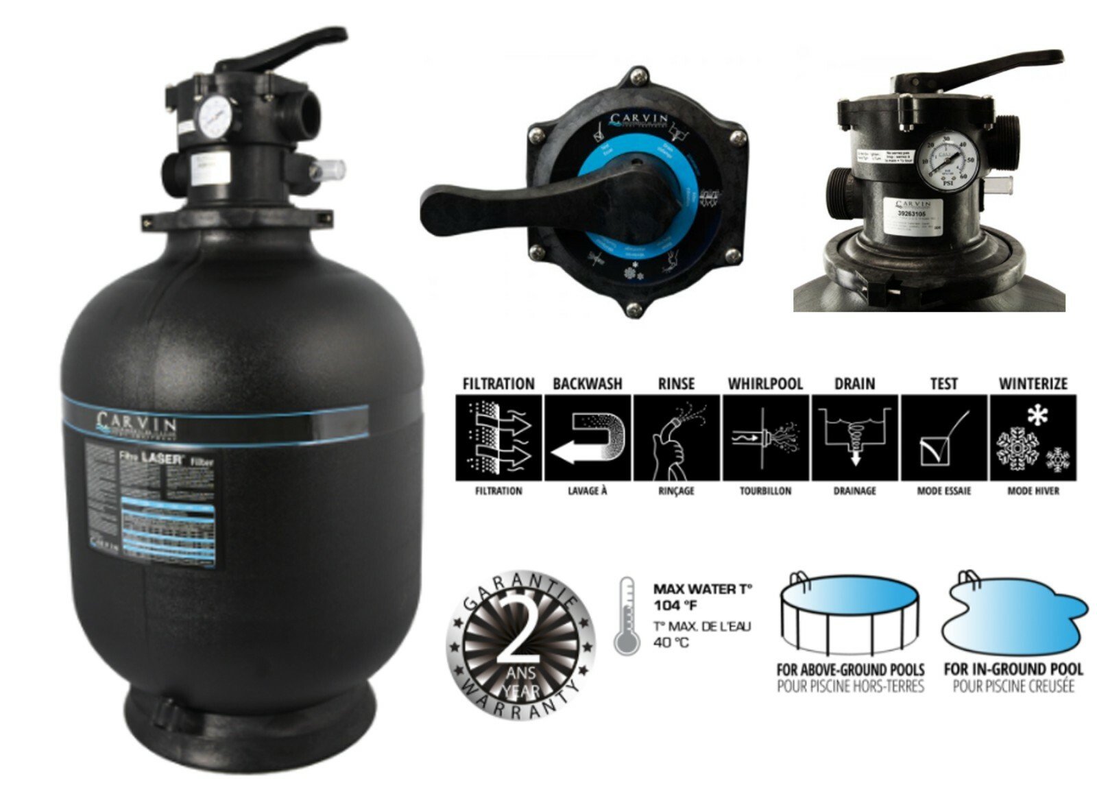 Carvin Laser Swimming Pool Sand Filter Tank w/ 7-Way Valve Carvin Laser Swimming Pool Sand Filter Tank w/ 7-Way Valve