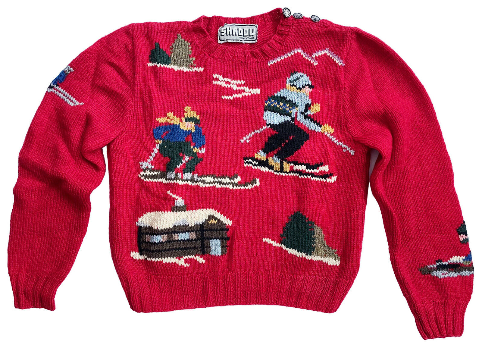 Vintage Ski Sweater Cropped Red Wool Intarsia Knit Skiers Vintage Ski Sweater Cropped Red Wool Intarsia Knit Skiers