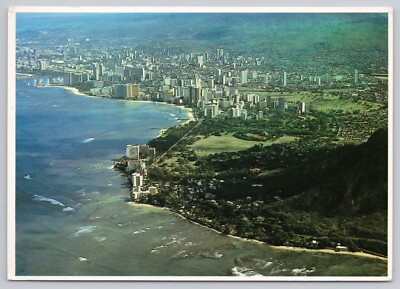 Honolulu Hawaii, Diamond Head to Waikiki Beach Aerial View, Vintage Postcard