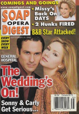 Soap Opera Digest Sept 19, 2000 SARAH BROWN-JENNIFER BASSEY-JOIE LENZ-LINDA DANO