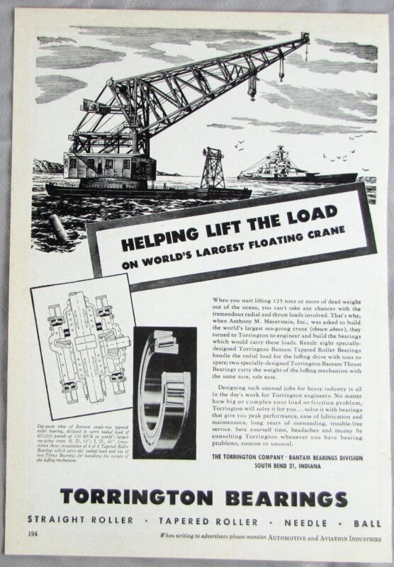 Vintage 1945 Torrington Bearings Floating Ship Crane Barge Print Ad