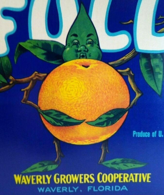Full Orange Humanized Anthropomorphic Fruit Crate Label Vintage Original 1940s