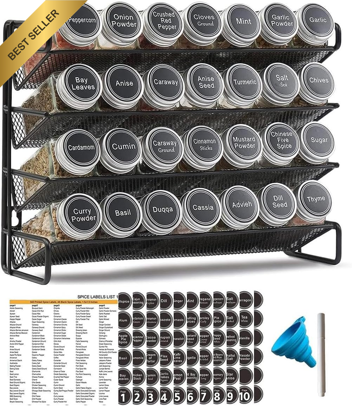 Spice Rack Organiser with 28 Spice Jars, Spice Organizer Stand Holder for Kitche