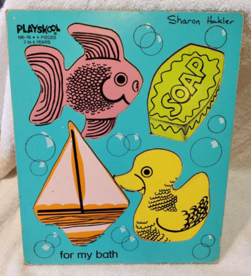 Vintage 60s-70s Playskool FOR MY BATH 4 piece Wooden Tray Puzzle 155-16