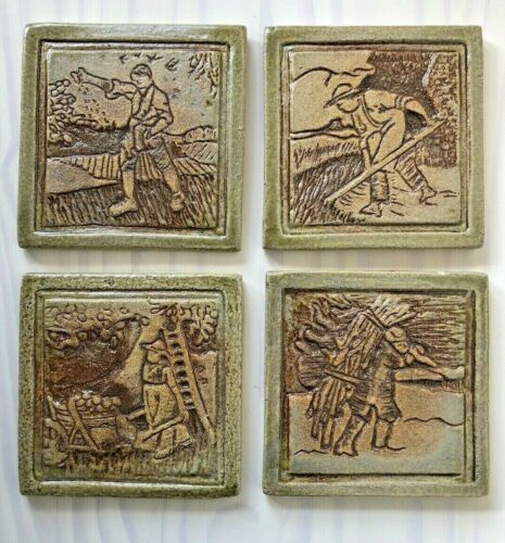 Set of Four Seasons Terracotta Art Tiles with Sage Green Glaze 6"x 6" Moravian?