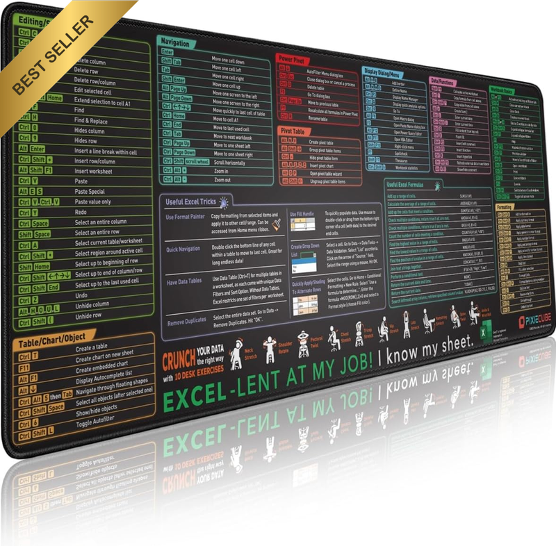 Excel Shortcut Keys Mouse Pad XL Extended Non-Slip Stitched Edge Office Desk Mat