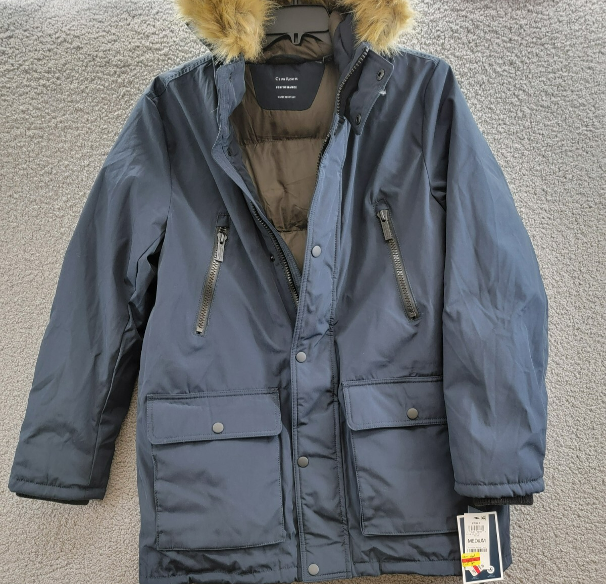 Club Room Parka Faux Fur-Hood Jacket Men's M Navy Pockets Long Sleeve Snap Zip - Picture 2 of 17