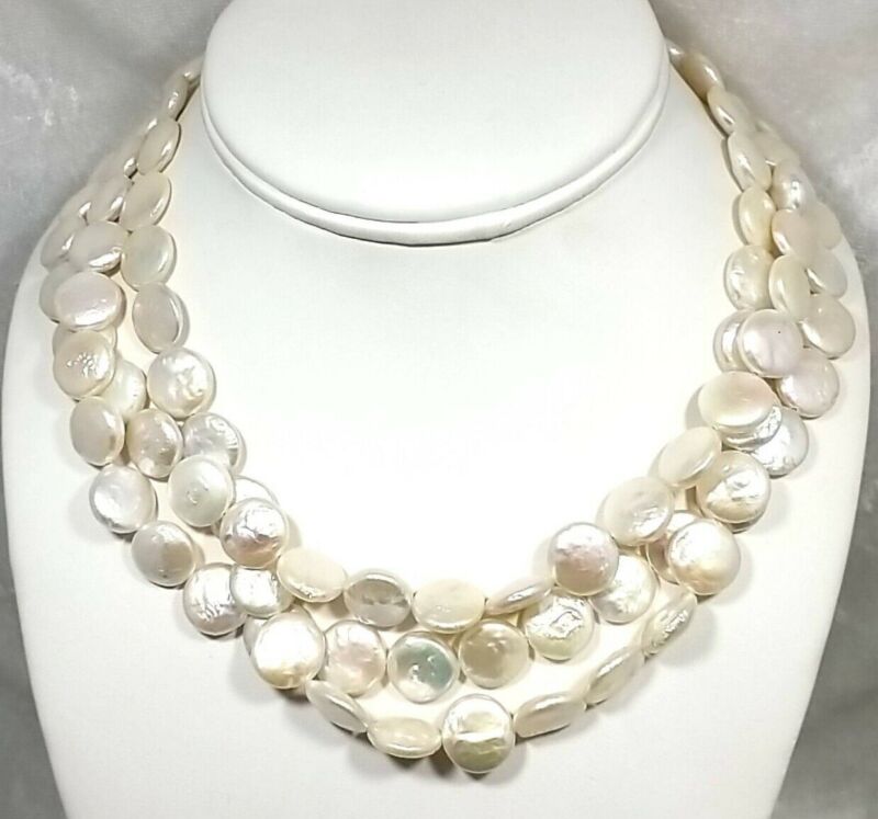 Triple Strand Coin Pearl 16.5" Necklace W/ Sterling Silver Blue Topaz Clasp