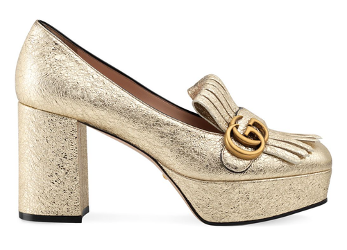 Gucci Marmont Platform Platino Gold Fringe Logo Block Heel Mule