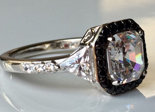 Diamonique Black & Clear Asscher Cut Ring, Platinum Clad SZ 8 Brand NEW In Box